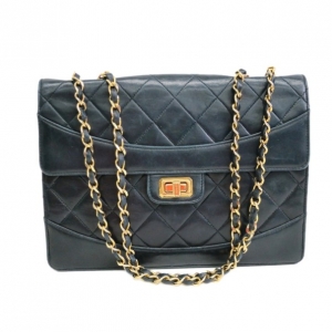 Pre Owned Chanel Black Lambskin Double Chains Single Flap Shoulder Bag