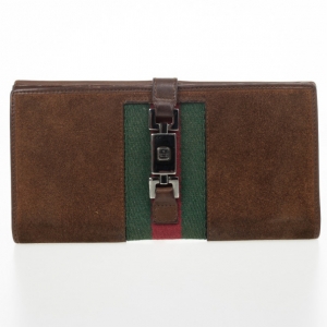 Pre Owned Gucci Parfums Brown Suede Leather Red Stripe Wallet