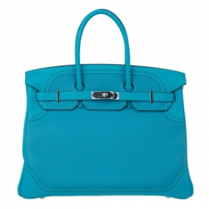 Pre Owned Hermes Aqua Blue Leather Ghillies Collection Birkin 35