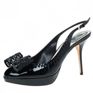 Pre Owned Dior Black Patent Leather Cannage Bow Detail 'Butterfly' Slingback Sandals Size 41