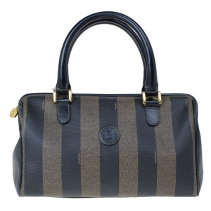 Pre Owned Fendi Black Striped Pequin Small Boston Bag