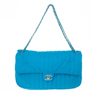 Pre Owned Chanel Blue Nylon Flap Bag