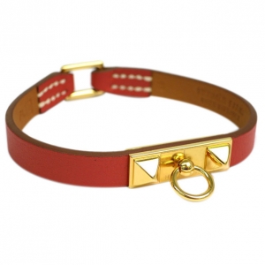 Pre Owned Hermes Micro Rivale Orange Leather Gold-Plated Bracelet 16CM