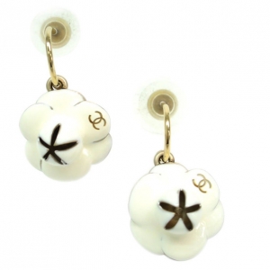 Pre Owned Chanel Camellia White and Black Enamel Hoop Earrings