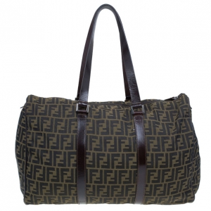 Pre Owned Fendi Tobacco Zucca Leather and Canvas Duffel Bag