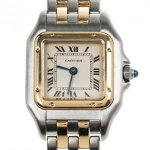 Pre Owned Cartier Cream 18K Yellow Gold and Stainless Steel Panthere Women's Wristwatch 22MM