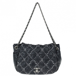 Pre Owned Chanel Black Nylon Quilted Bubble Flap Bag