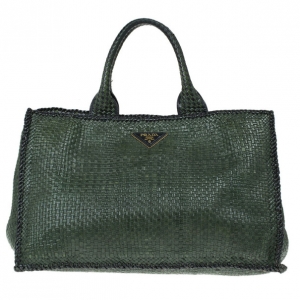 Pre Owned Prada Green Baltic Woven Leather Madras Squared Tote
