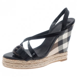 Pre Owned Burberry Black Patent Check Espadrilles Wedge Sandals Size 38