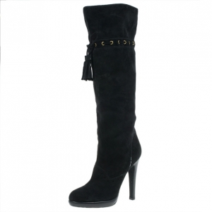 Pre Owned Saint Laurent Paris Black Suede Chelsea Tassel Knee Boots Size 40