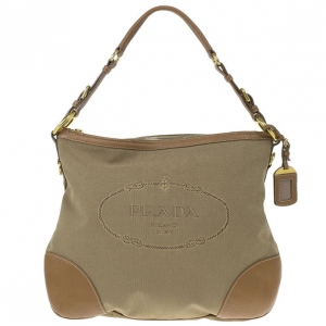 Pre Owned Prada Brown Nylon Logo Jacquard Hobo