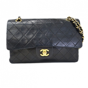 Pre Owned Chanel Black Lambskin Double Flap Small Shoulder Bag