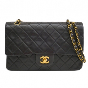 Pre Owned Chanel Black Lambskin Double Flap Medium Shoulder Bag