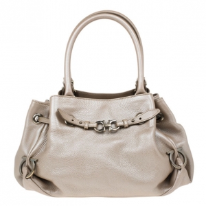 Pre Owned Salvatore Ferragamo Metallic Grey Leather Gancini Detail Handbag