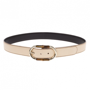 Pre Owned Gucci Beige Leather Bamboo Buckle Belt 95CM