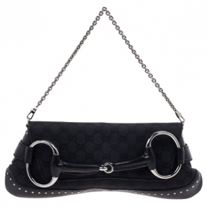 Pre Owned Gucci Black Monogram Canvas Horsebit Flap Clutch