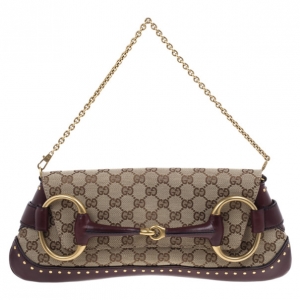 Pre Owned Gucci Beige and Burgundy Canvas Monogram Horsebit Flap Clutch