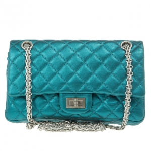 Pre Owned Chanel Blue Metallic Lambskin Reissue 2.55 Double Flap Shoulder Bag