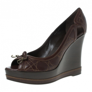 Pre Owned Dior Brown Cannage Leather Peep Toe Wedge Pumps Size 40