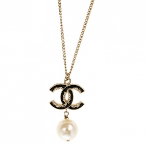 Pre Owned Chanel CC Black Enamel and Dangle Pearl Necklace