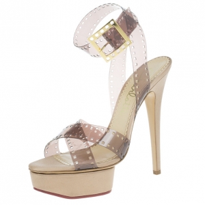 Pre Owned Charlotte Olympia Beige Vinyl and Satin Girls On Film Platform Sandals Size 39