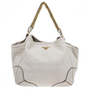 Pre Owned Prada White Patent Leather Deerskin Chain Tote