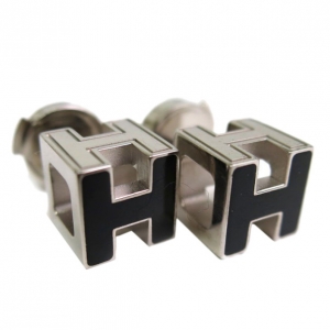 Pre Owned Hermes Cage d'H Black Enamel Palladium-Plated Earrings