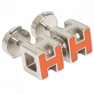 Pre Owned Hermes Cage d'H Orange Enamel Palladium-Plated Earrings