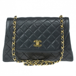 Pre Owned Chanel Black Lambskin Leather Single Flap Shoulder Bag