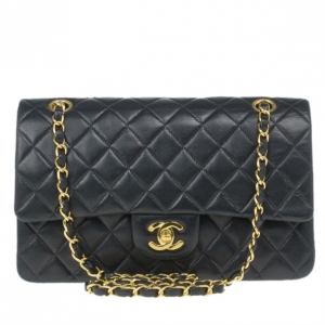 Pre Owned Chanel Black Lambskin Leather Small Single Flap Bag