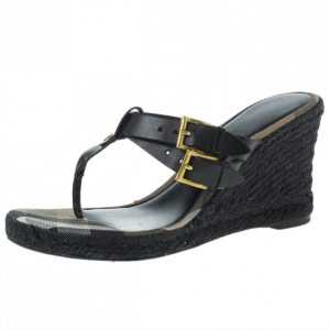Pre Owned Burberry Black Leather Thong Espadrilles Wedges Size 38