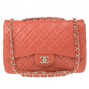 Pre Owned Chanel Orange Lambskin Quilted Maxi Flap Bag