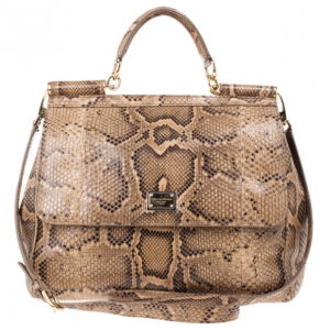 Pre Owned Dolce and Gabbana Gold Python Medium Miss Sicily Satchel