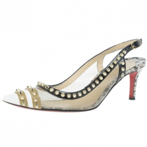 Pre Owned Christian Louboutin Manovra Studded Leather and PVC Slingback Sandals Size 39