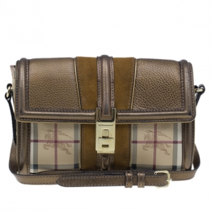Pre Owned Burberry Beige Leather and Canvas Haymarket Crossbody Bag