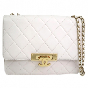 Pre Owned Chanel White Lambskin Single Flap Bag