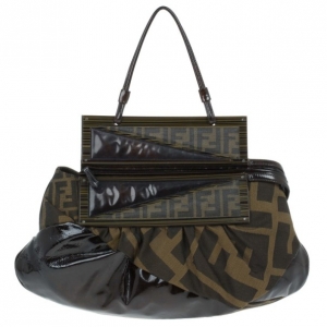 Pre Owned Fendi Patent Leather and Zucca Print Mix Hobo