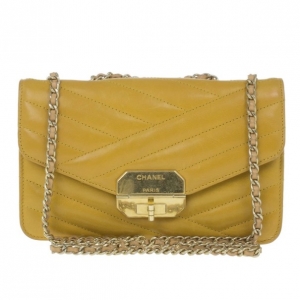 Pre Owned Chanel Yellow Lambskin Chevron Mini Flap Bag