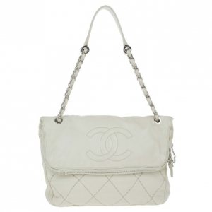 Pre Owned Chanel Off White CC Fold over Flap Bag