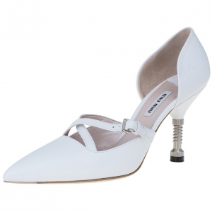 Pre Owned Miu Miu White Leather Pointed Toe Metal Heel D'Orsay Pumps Size 36.5