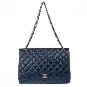 Pre Owned Chanel Navy Blue Classic Maxi Flap Bag