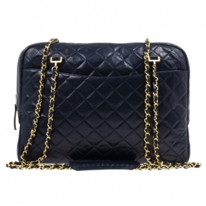 Pre Owned Chanel Navy Blue Lambskin Quilted Large Camera Bag