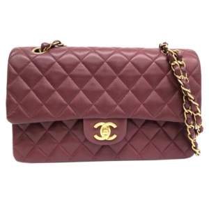 Pre Owned Chanel Maroon Lambskin Matelasse Medium Double Flap Shoulder Bag
