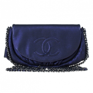 Pre Owned Chanel Purple Glitter Leather Half Moon Wallet On Chain
