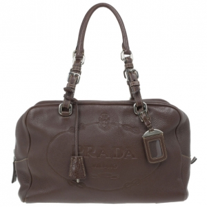 Pre Owned Prada Maroon Deerskin Logo Top Handle Bag