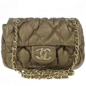 Pre Owned Chanel Gold Leather Bubble Quilt Flap Bag