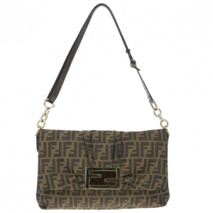 Pre Owned Fendi Brown Logo Jacquard Mia Zucca Flap Bag