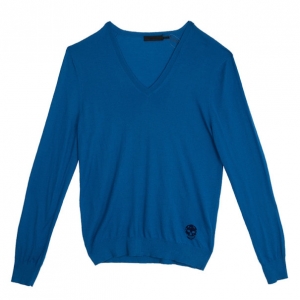 Pre Owned Alexander McQueen Blue Skull Detailed Sweater XL