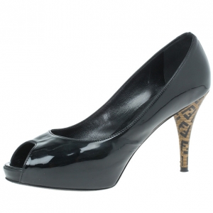 Pre Owned Fendi Black Patent Leather Zucca Print Heel Peep Toe Pumps Size 38.5