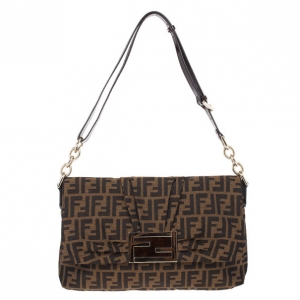 Pre Owned Fendi Brown Logo Jacquard Mia Zucca Flap Bag